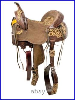 Hard Seat Barrel Saddle Cheetah Seat Leather Tassels Full QH 14 15 16 NEW