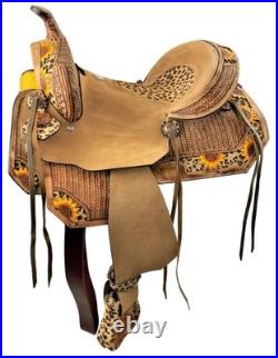 Hard Seat Barrel Saddle Cheetah Seat & Sunflowers Full QH Bars 14 15 16 NEW