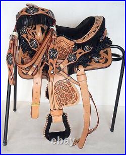 HORSE SADDLERY IMPEX Selle de cheval synthétique Western Barrel Racing Trail Equestre - Potence de tête, collier de poitrine, rênes et tapis de selle assortis - Taille 35,6 cm à 45,7 cm