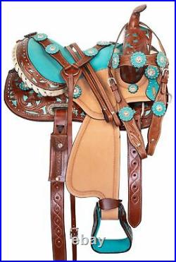 Horse Saddle Western Trail Barrel Show Turquoise Floral Tooled Leather Tack Set
