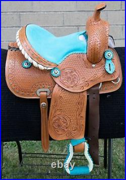 Horse Saddle Western Used Pleasure Trail Barrel Blue Leather Tack Set 12 13