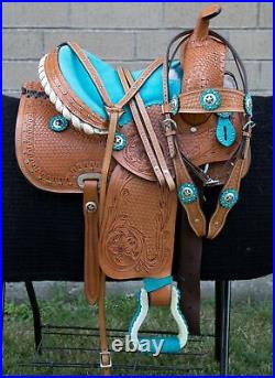 Horse Saddle Western Used Trail Barrel Racing Leather Turquoise Tack 12 13