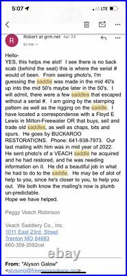 Horse Tack Antique 14 Veach Western Saddle