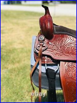Kid Brown and Red Floral Tooled Western Horse Barrel Saddle For Riding