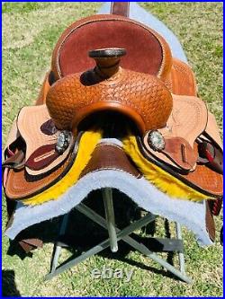 Kids Western Floral Tooled Horse Leather Barrel Saddle 8 Half Seat-Brown Color