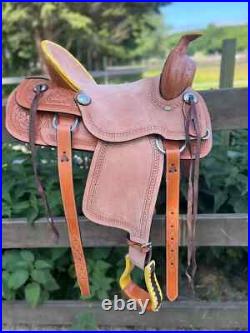 Leather Hand carved Roper Ranch Western Hard seat Saddle Size 15