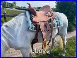 Leather Hand carved Roper Ranch Western Hard seat Saddle Size 15