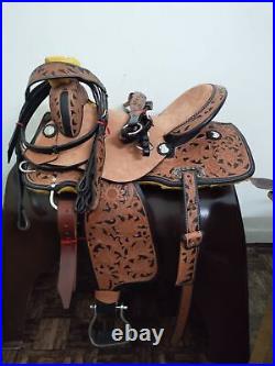Leather Western Barrel Hand Carved Saddle with set Free Shipping