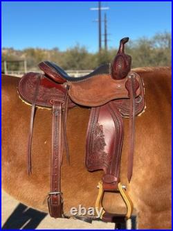 Lightly used Five Star Saddle, red tooled leather, Western