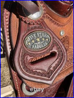 Lightly used Five Star Saddle, red tooled leather, Western
