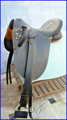 Long reach endurance saddle 17 leather buffalo black harnis drum dye finished
