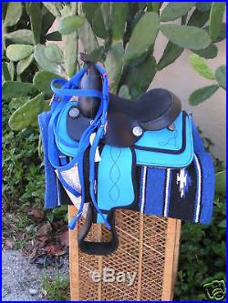 Miniature Mini Horse & Miniature Donkey. Turq/Blue 8 Western Saddle Package