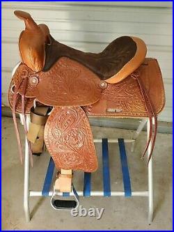 New 15 Brown Leather Trail Saddle with Tooled leather Made in the USA