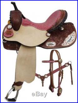 New 15 Double T Barrel Saddle Pink filigree Seat and Cowgirl Up HS and BC Set