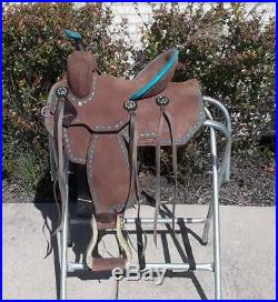 New Roughout Barrel Saddle / Trail Saddle with turquoise buckstitching FQHB 15