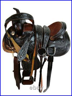Oak Floral Black Leather Tooled Brown Seat Pony Western Carved Mini Horse Saddle