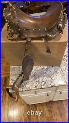 Old Vintage Horse Saddle Brass Horn Wood Stirrups Tooled Design Metal Studs