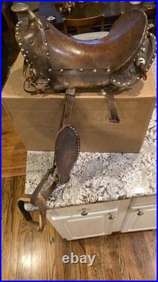 Old Vintage Horse Saddle Brass Horn Wood Stirrups Tooled Design Metal Studs