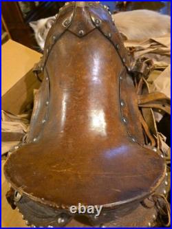 Old Vintage Horse Saddle Brass Horn Wood Stirrups Tooled Design Metal Studs