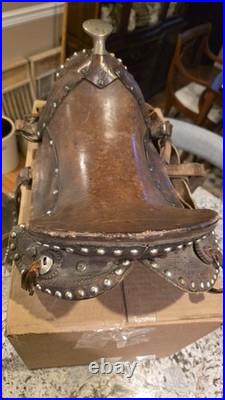 Old Vintage Horse Saddle Brass Horn Wood Stirrups Tooled Design Metal Studs