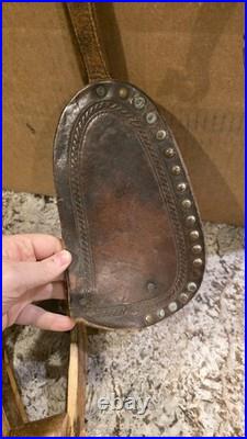 Old Vintage Horse Saddle Brass Horn Wood Stirrups Tooled Design Metal Studs