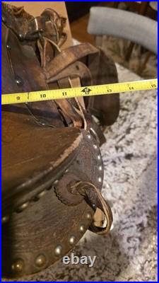 Old Vintage Horse Saddle Brass Horn Wood Stirrups Tooled Design Metal Studs