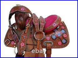Pink Mini Horse Floral Tooled Kids Western Cowgirl Saddle Studded Tack Painted