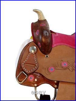 Pink Mini Horse Floral Tooled Kids Western Cowgirl Saddle Studded Tack Painted