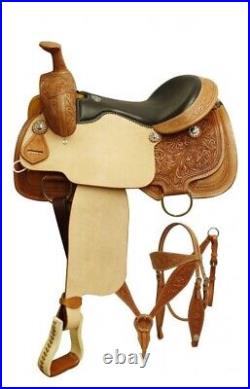 Pleasure Trail Roper Style Saddle SET with Floral Tooling Full QH Bars 16 NEW