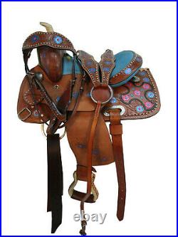 Pony Western Saddle 10 12 13 Kids Youth Child Blue Tooled Leather Barrel Horse
