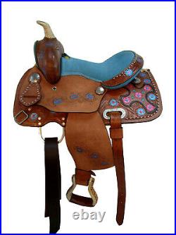 Pony Western Saddle 10 12 13 Kids Youth Child Blue Tooled Leather Barrel Horse