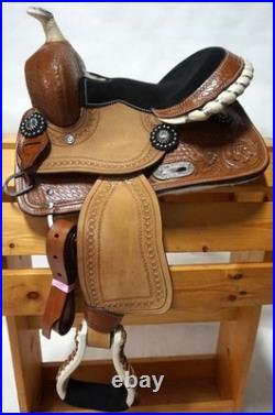 Popular Youth Trail Barrel 12 Black seat Medium Oil leather Saddle Ok Leaf Tool