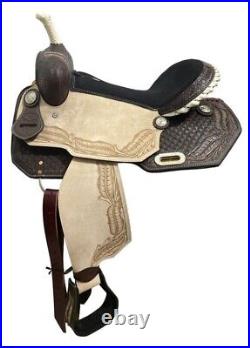 PrariePlume Barrel Racer Saddle Tooled Feather Design Full QH Bars 16 NEW