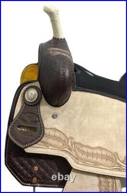 PrariePlume Barrel Racer Saddle Tooled Feather Design Full QH Bars 16 NEW