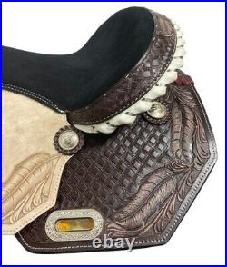 PrariePlume Barrel Racer Saddle Tooled Feather Design Full QH Bars 16 NEW