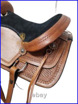 Pure Leather Western Black Suede Seat Horse Saddle With Tooling (Size 15)
