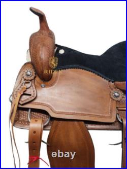 Pure Leather Western Black Suede Seat Horse Saddle With Tooling (Size 15)