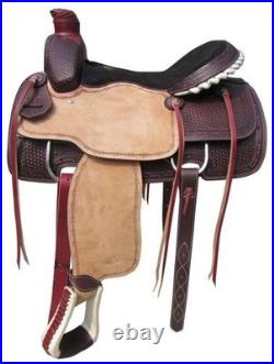 ROPING SADDLE Basketweave Barbwire Tooled FQHB ROPING WARRANTY Black Suede Seat