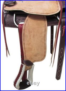 ROPING SADDLE Basketweave Barbwire Tooled FQHB ROPING WARRANTY Black Suede Seat