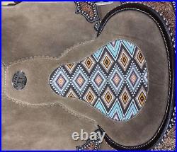 Rough Out Barrel Saddle with Aztec Printed Inlay Full QH Bars 14 15 NEW
