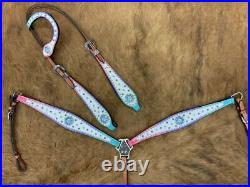 Showman Cowhide Inlay One Ear Headstall And Breast Collar Set With Ombre Rain