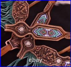 Showman Medium Leather Headstall And Breastcollar Set With Beaded Inlay And T