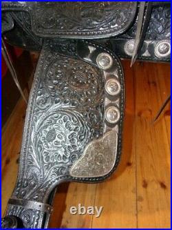 Silver Marshall Field Hand Made Western Parade Saddle, Bridle Long Tapaderos