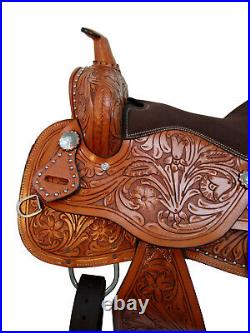 Silver Studded Floral Custom Tack Tooled Carved Brown Seat Western Horse Saddle