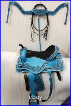 Sky/Blue Leather Western Barrel Racing Horse Saddle With Tack Set in All Sizes