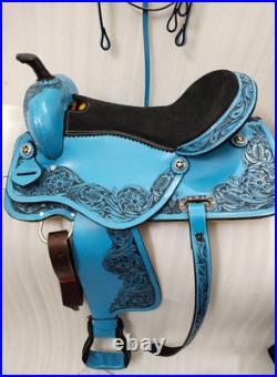 Sky/Blue Leather Western Barrel Racing Horse Saddle With Tack Set in All Sizes
