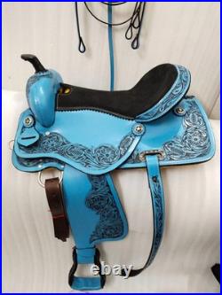 Sky/Blue Leather Western Barrel Racing Horse Saddle With Tack Set in All Sizes