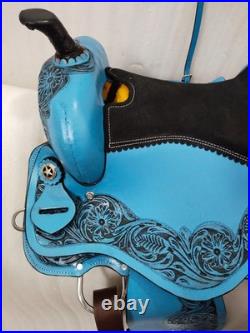 Sky/Blue Leather Western Barrel Racing Horse Saddle With Tack Set in All Sizes