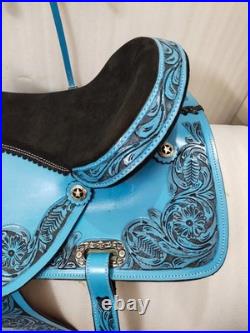 Sky/Blue Leather Western Barrel Racing Horse Saddle With Tack Set in All Sizes