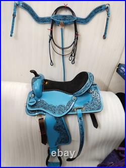 Sky/Blue Western Leather Barrel Racing Horse Saddle With Tack Set Size 15